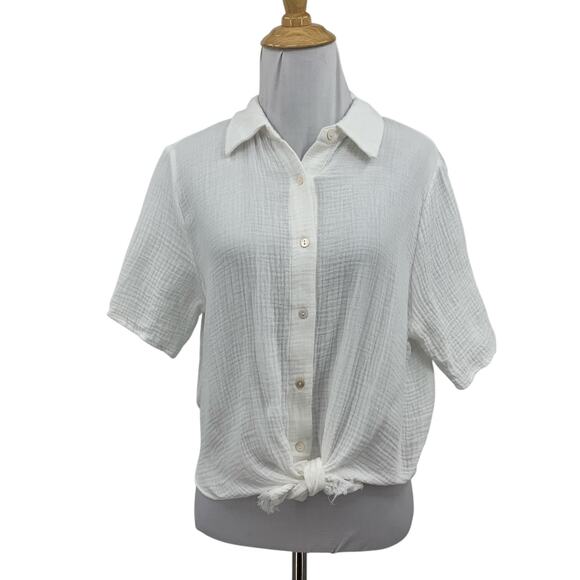 Tahari Top Womens L Large White Semi Sheer Gauzy Textured Collared Tie Front - Picture 1 of 11